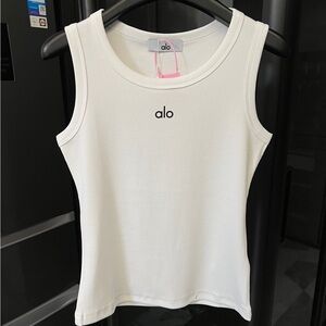 ALO Yoga White Ribbed Tank with Center Logo